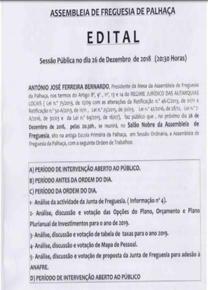 Assembleia de Freguesia reúne dia 26 de Dezembro