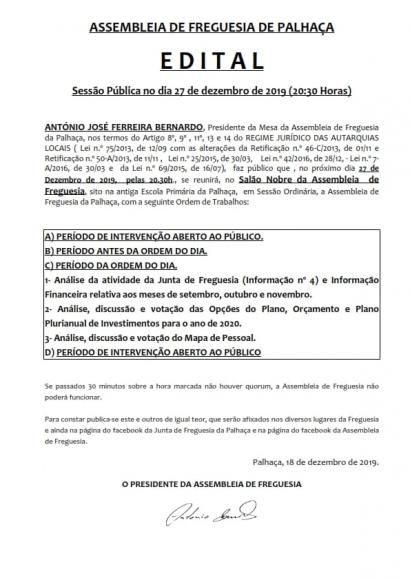 Assembleia de Freguesia dia 27 de dezembro