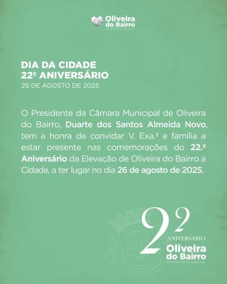 Cidadão e instituição da Palhaça serão agraciados na comemoração do 22º Aniversário da Elevação de Oliveira do Bairro a cidade