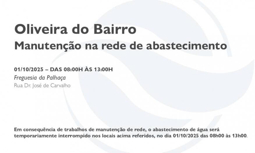 AVISO - interrupção no abastecimento de água - 1 outubro - Palhaça